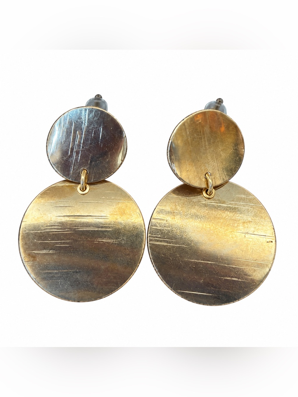Gold Tone Double Disc Drop Statement Earrings Minimalist Modern